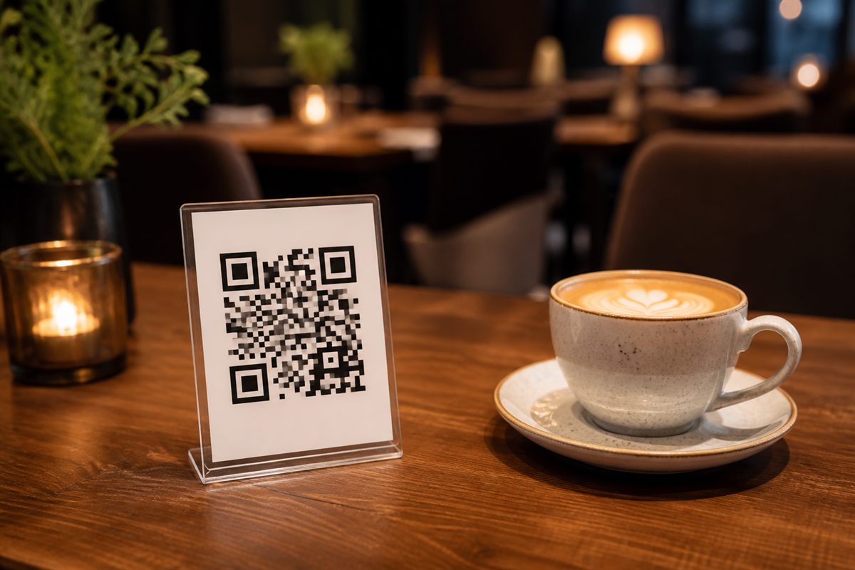 QR code stand on a restaurant table